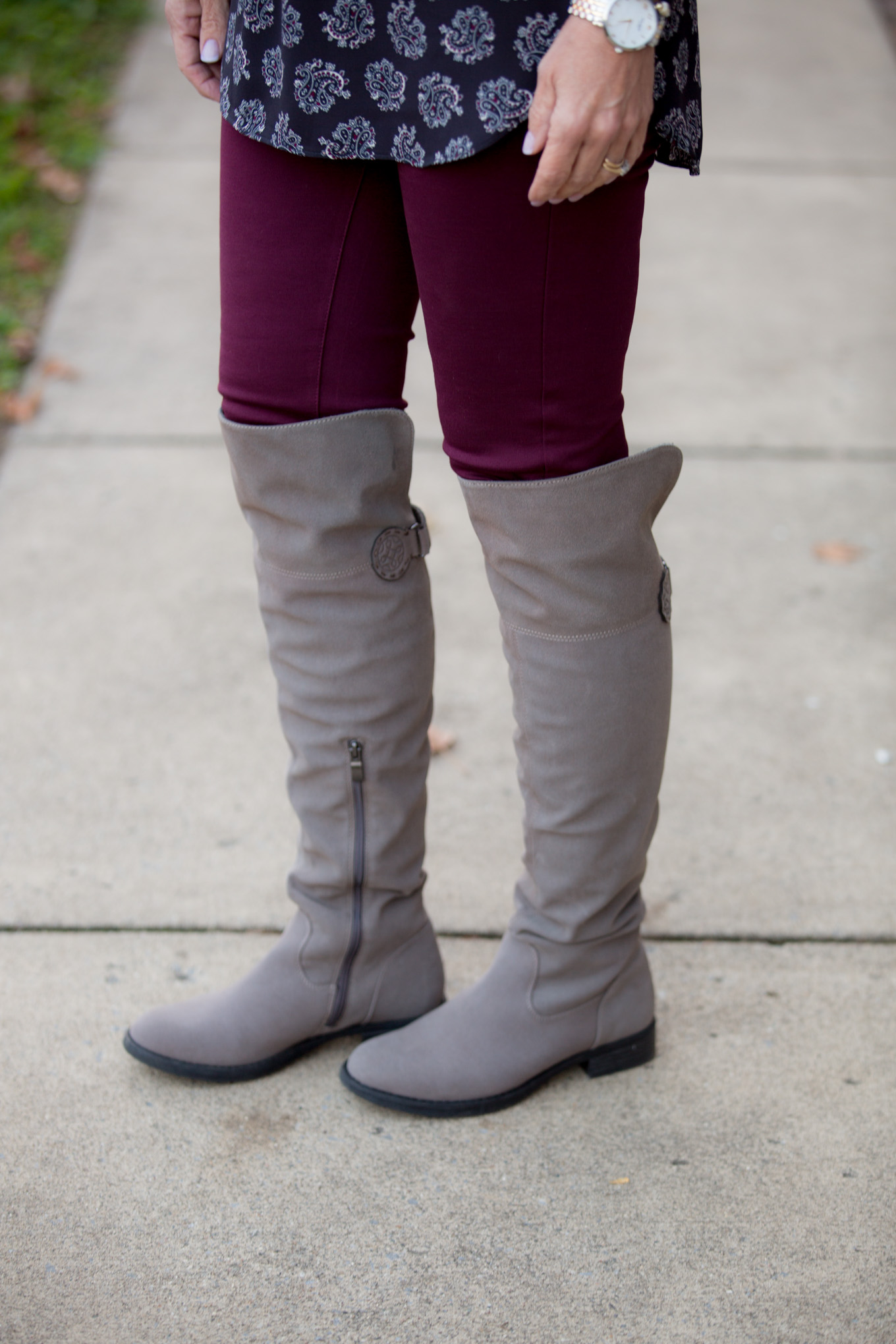Fashion blogger, Cyndi Spivey, styling two trendy boot styles available at Rack Room Shoes Early Black Friday Sale.