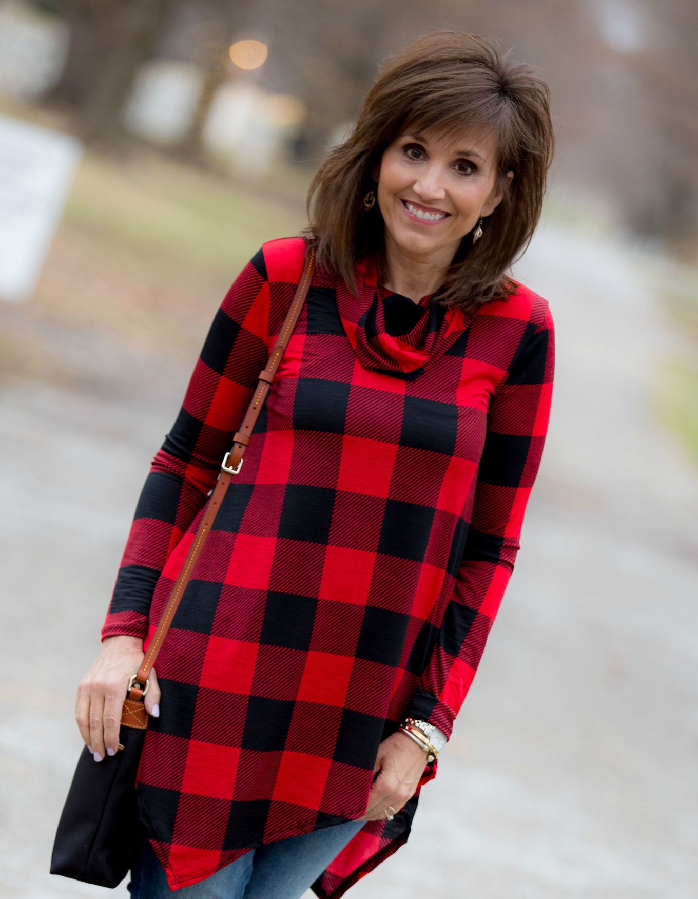 Fashion blogger, Cyndi Spivey, styling a buffalo check tunic from Glamour Farms.