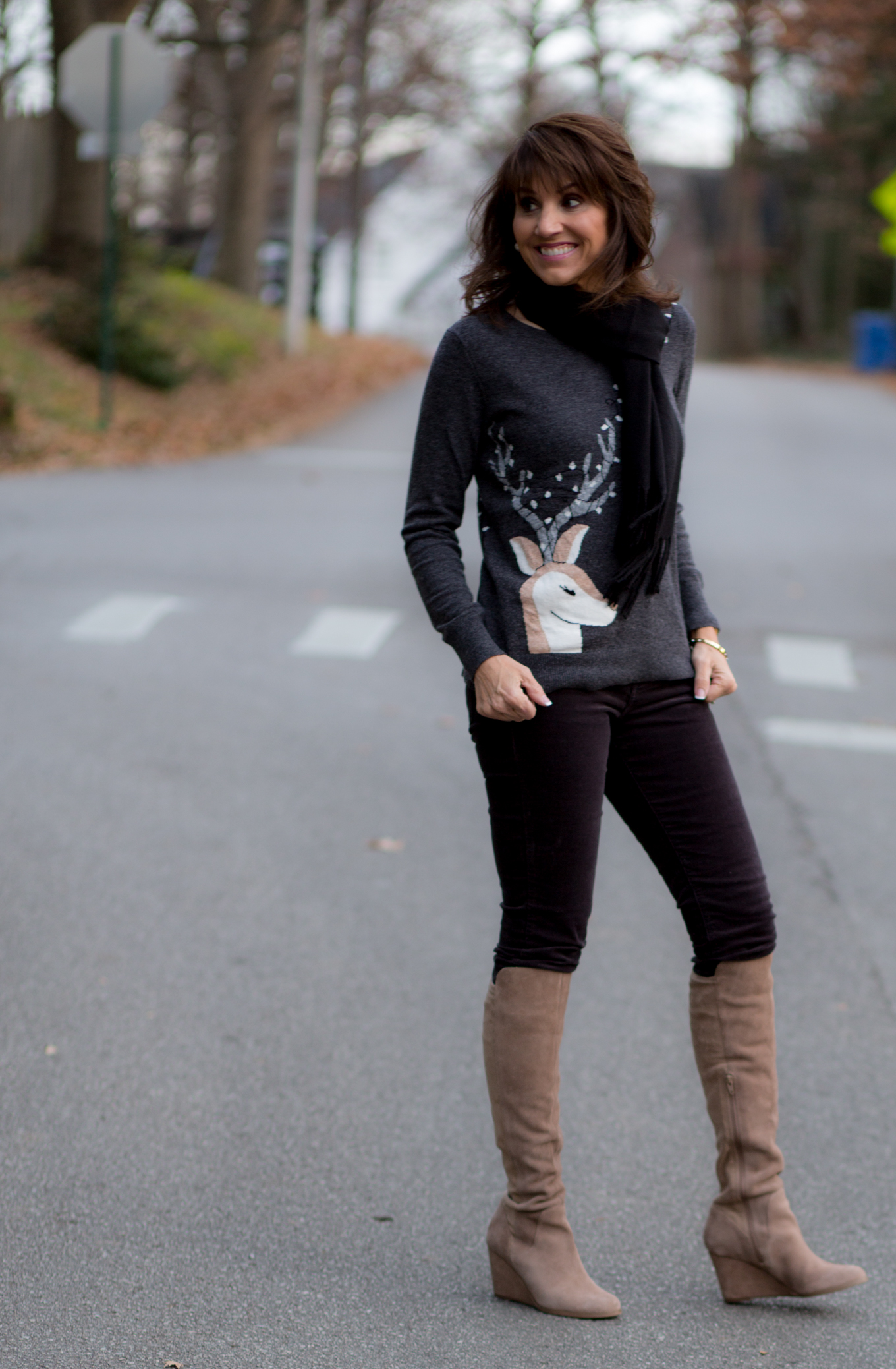 25 Days of Winter Fashion: Reindeer Sweater + Corduroy Pants + Red Coat